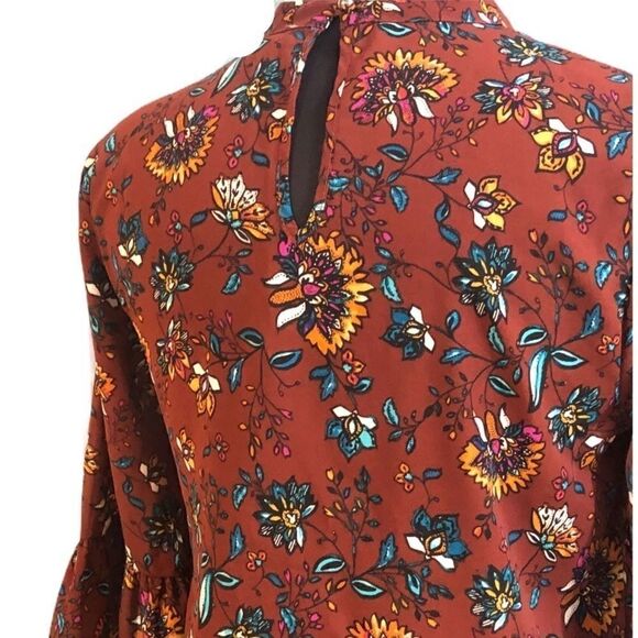 meraki Floral Bell Sleeve Choker Neck Blouse Sz L - Picture 7 of 10